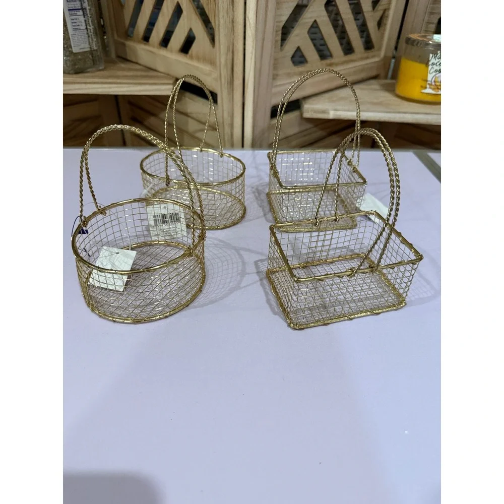 4 Small Gold Wire Baskets Round Rectangle Handles Favor Decor